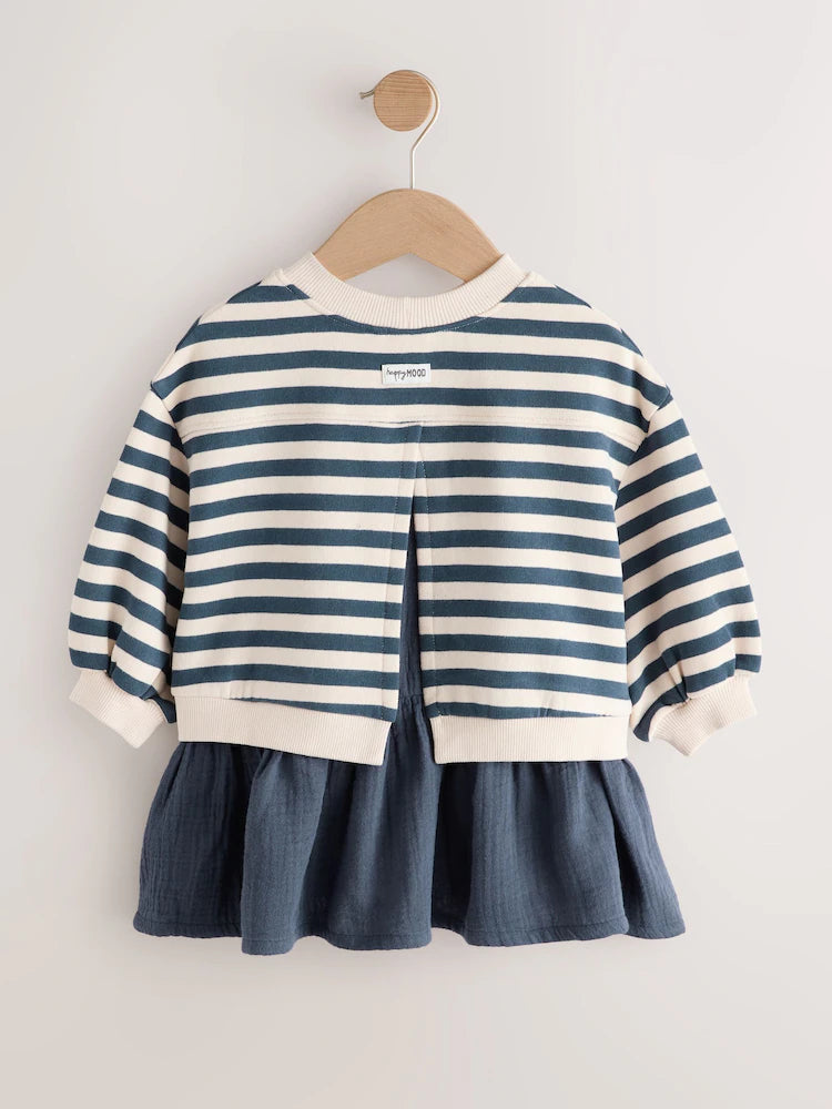 Navy Striped Mesh Skirt Sweat Dress