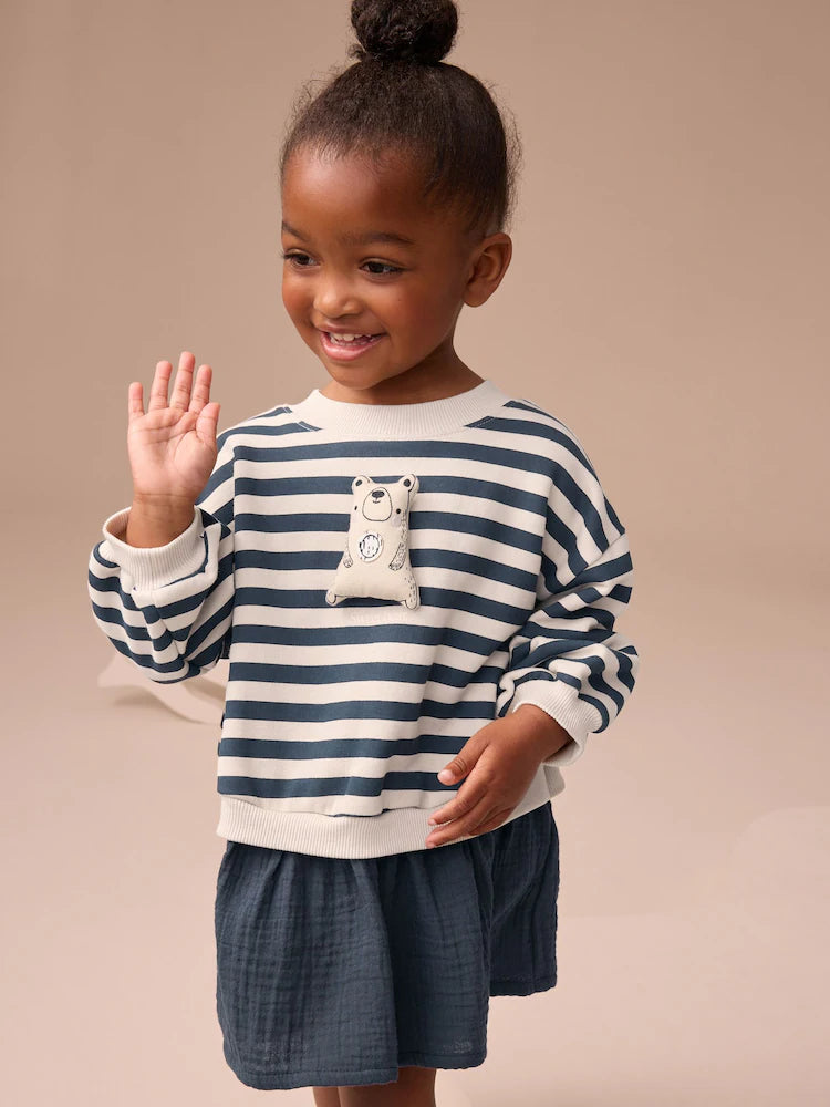 Navy Striped Mesh Skirt Sweat Dress