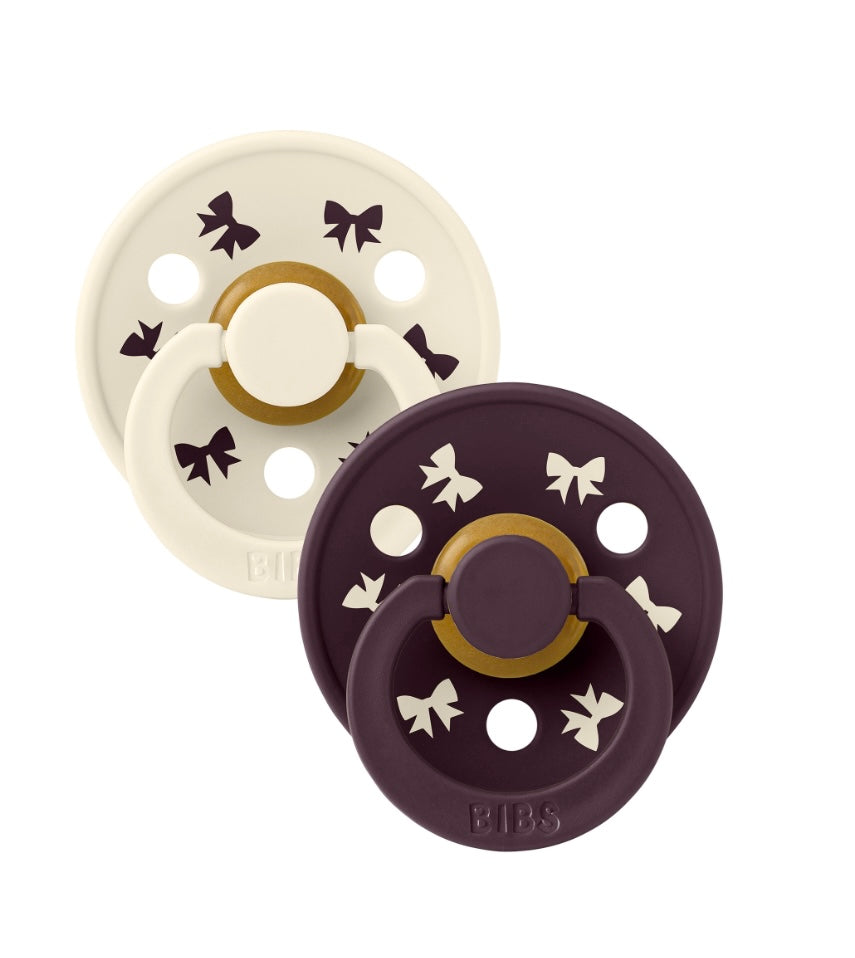 BIBS Pacifier Colour Holiday Bow 2 PACK Latex Size 1 & 2 Ivory/Plum