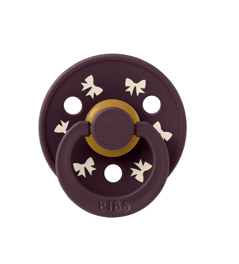 BIBS Pacifier Colour Holiday Bow 2 PACK Latex Size 1 & 2 Ivory/Plum