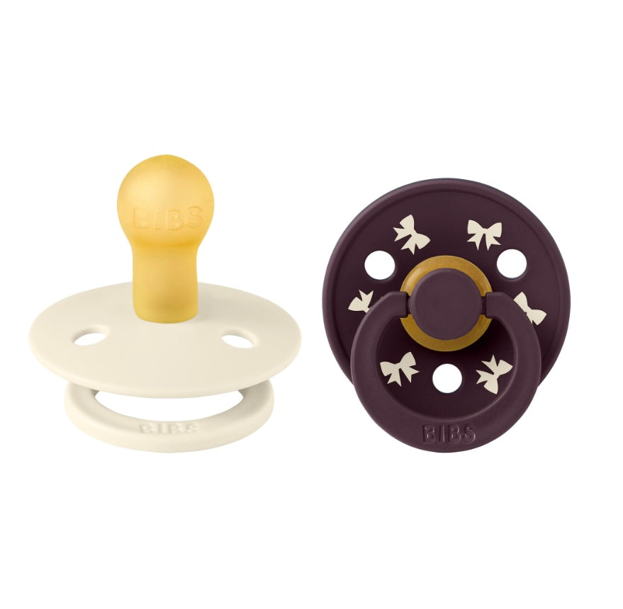 BIBS Pacifier Colour Holiday Bow 2 PACK Latex Size 1 & 2 Ivory/Plum