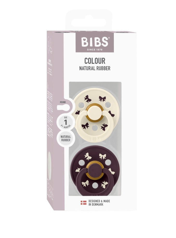 BIBS Pacifier Colour Holiday Bow 2 PACK Latex Size 1 & 2 Ivory/Plum