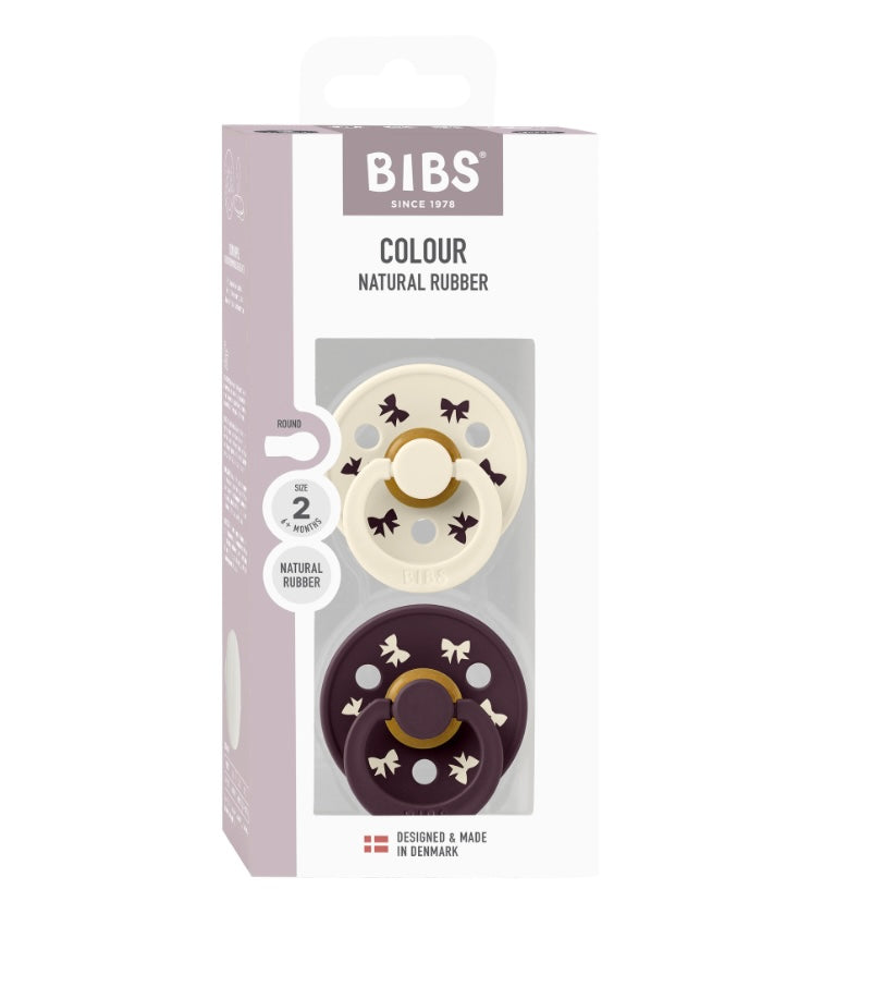 BIBS Pacifier Colour Holiday Bow 2 PACK Latex Size 1 & 2 Ivory/Plum