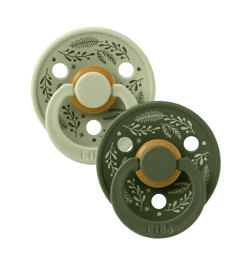 BIBS Pacifier Colour Holiday Leaf 2 PACK Latex Size 1 & 2 Sage/Hunter Green