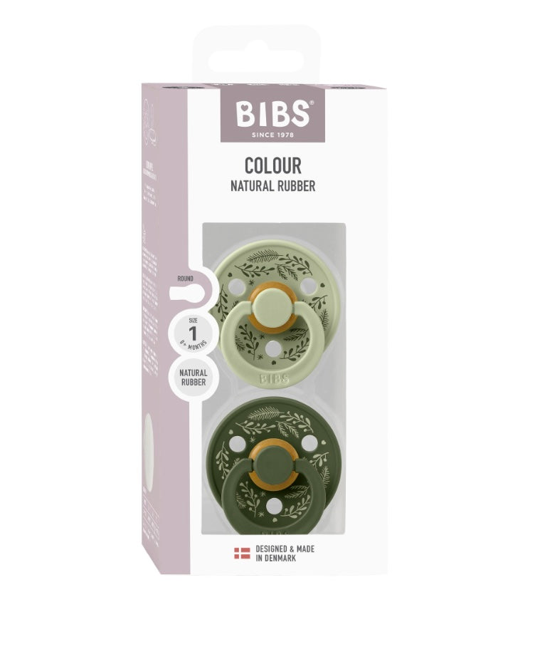BIBS Pacifier Colour Holiday Leaf 2 PACK Latex Size 1 & 2 Sage/Hunter Green