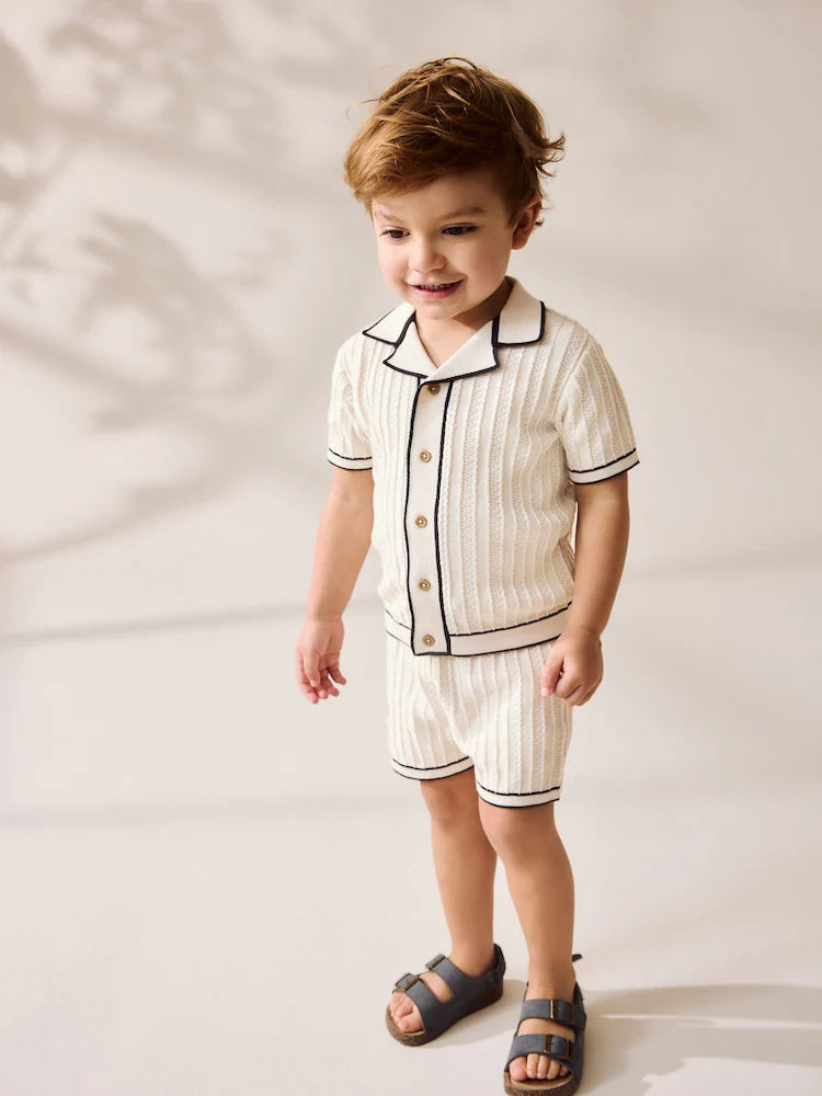 Ecru Knitted Button Through Polo Shirt and Shorts Set