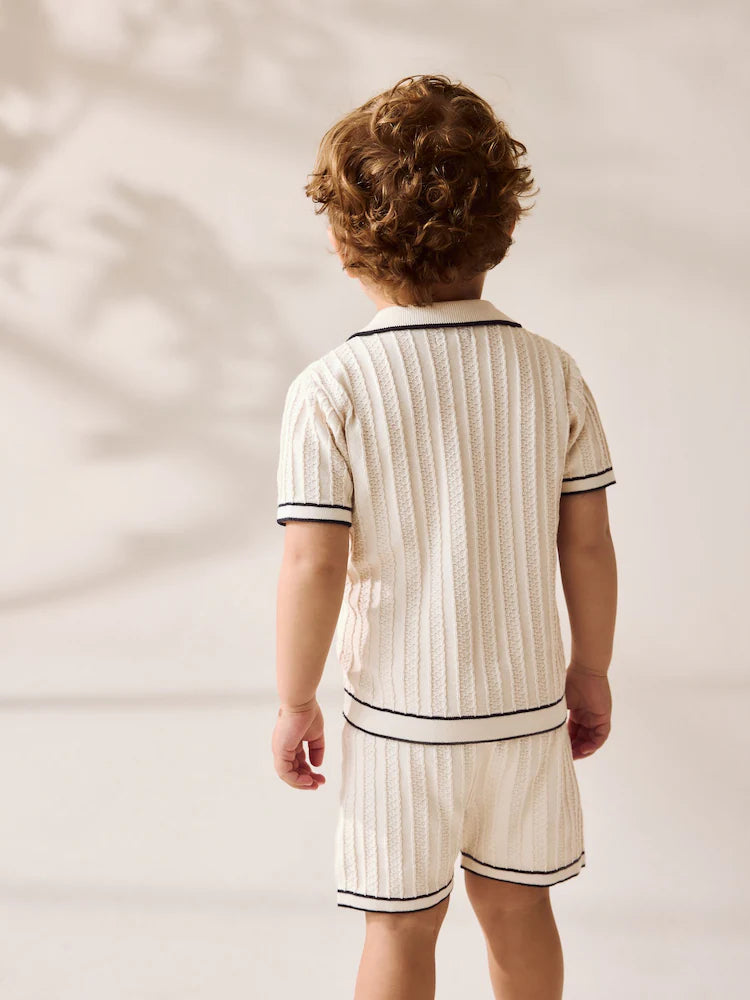 Ecru Knitted Button Through Polo Shirt and Shorts Set