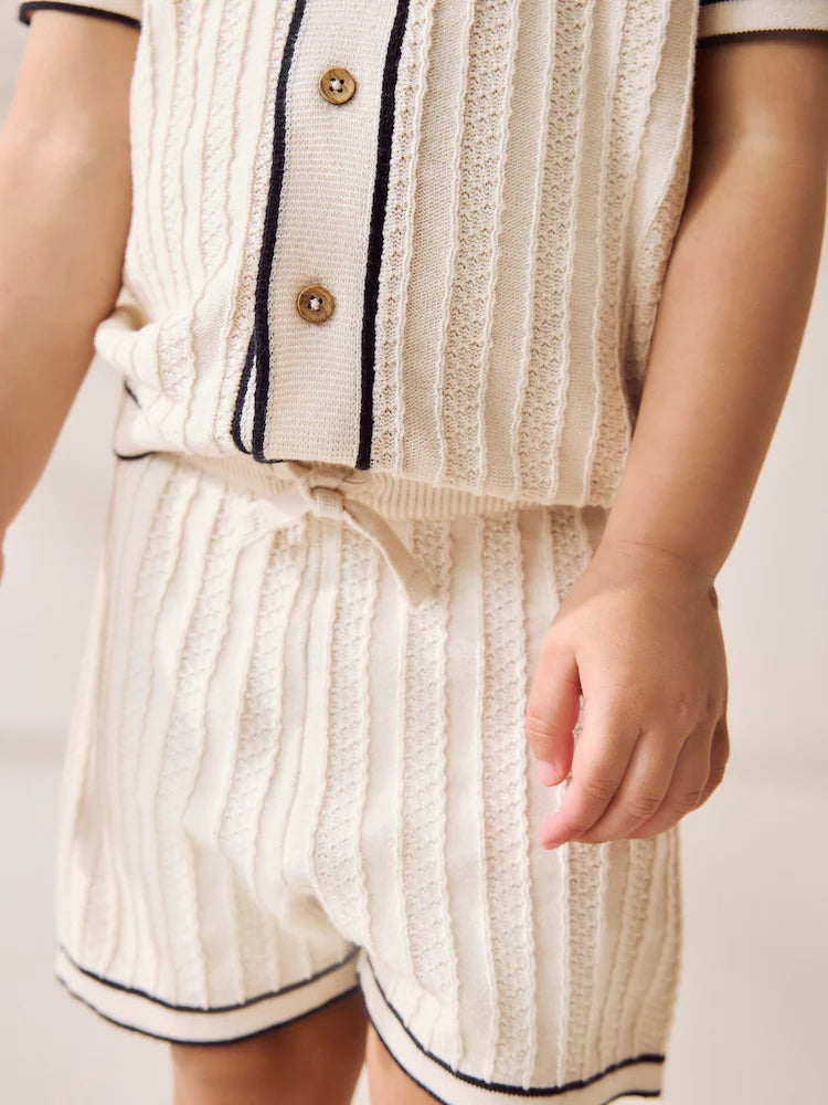 Ecru Knitted Button Through Polo Shirt and Shorts Set