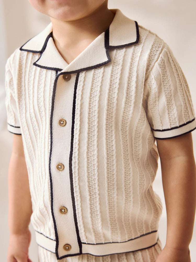 Ecru Knitted Button Through Polo Shirt and Shorts Set