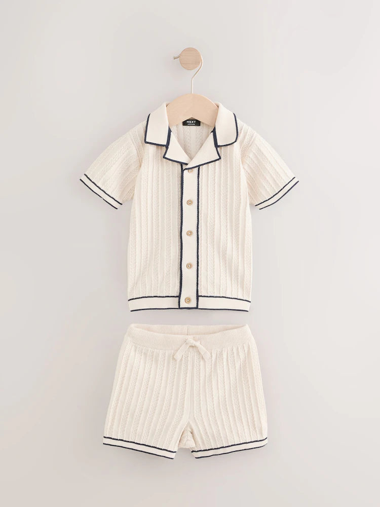 Ecru Knitted Button Through Polo Shirt and Shorts Set