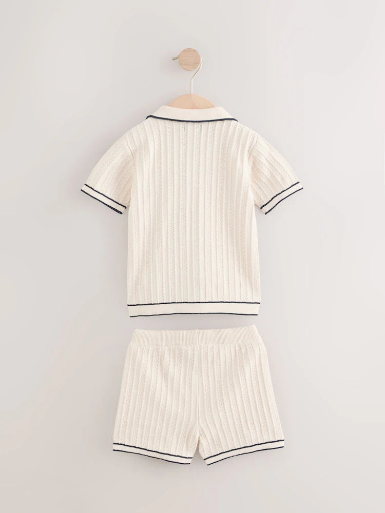 Ecru Knitted Button Through Polo Shirt and Shorts Set