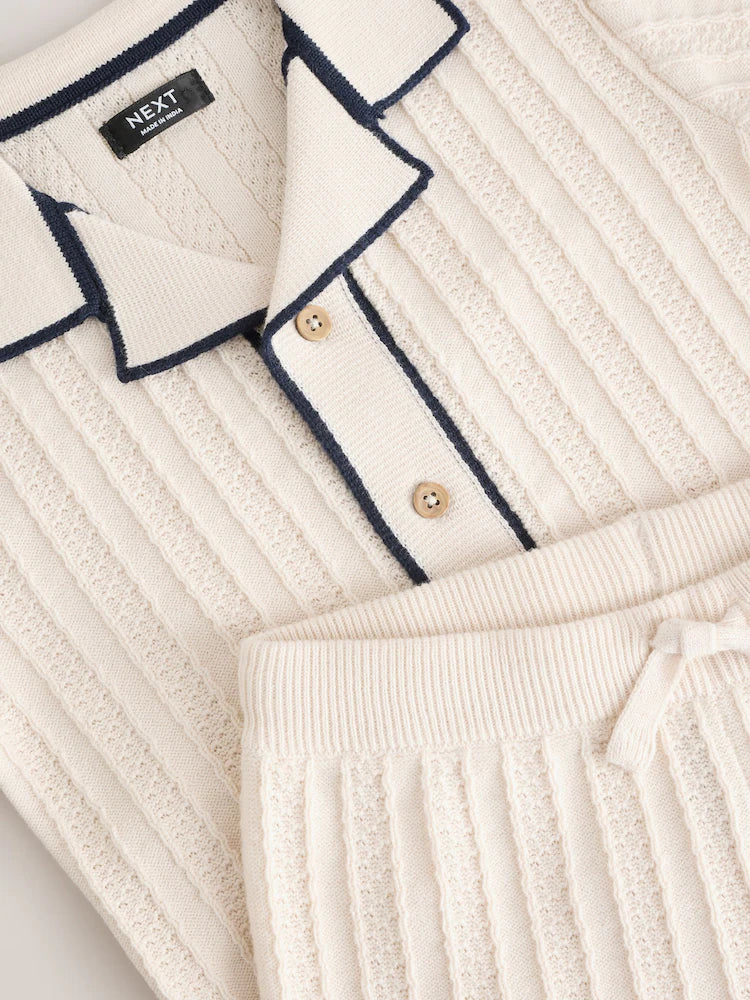 Ecru Knitted Button Through Polo Shirt and Shorts Set
