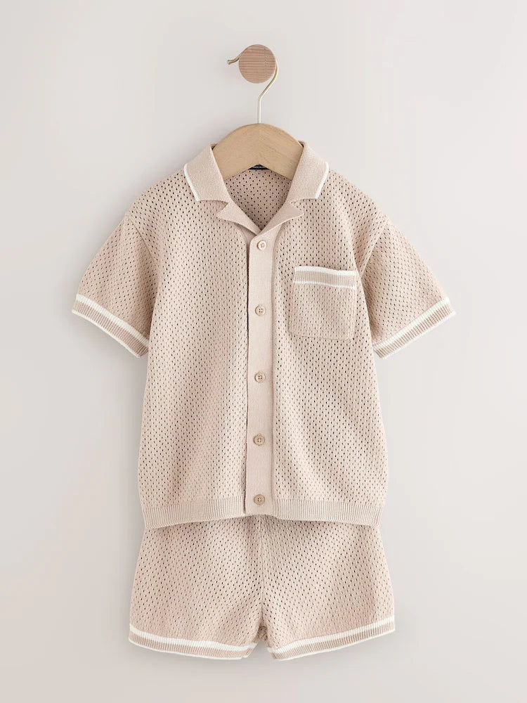 Ecru Knitted Button Through Polo Shirt and Shorts Set