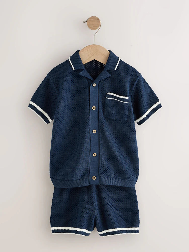 Ecru Knitted Button Through Polo Shirt and Shorts Set