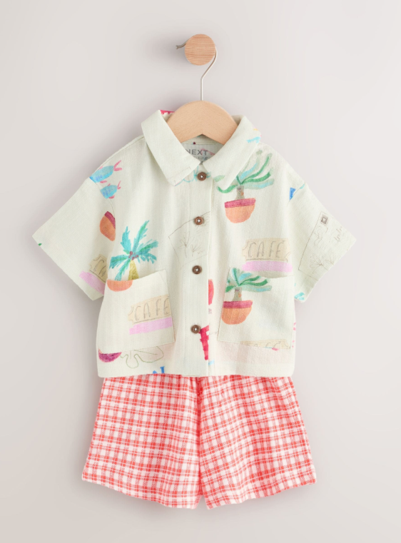 Red Gingham Holiday Print Short Sleeve Shirt & Shorts Set