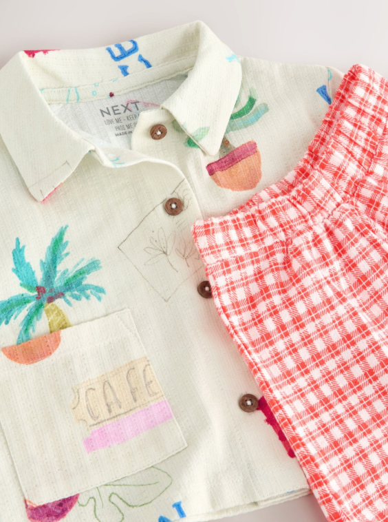 Red Gingham Holiday Print Short Sleeve Shirt & Shorts Set