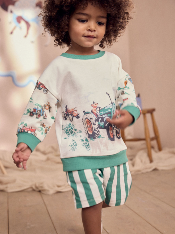 Green/White Cath Kidston Long Sleeve Sweatshirt & Stripe Shorts Set