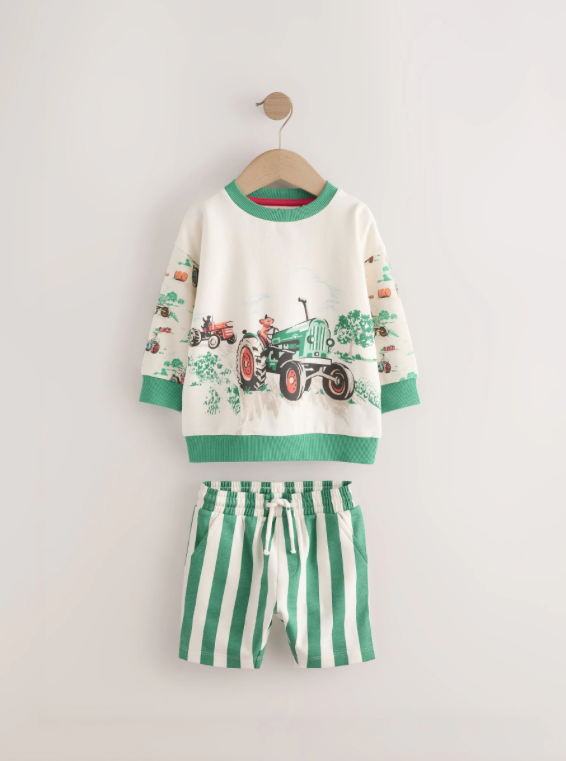 Green/White Cath Kidston Long Sleeve Sweatshirt & Stripe Shorts Set
