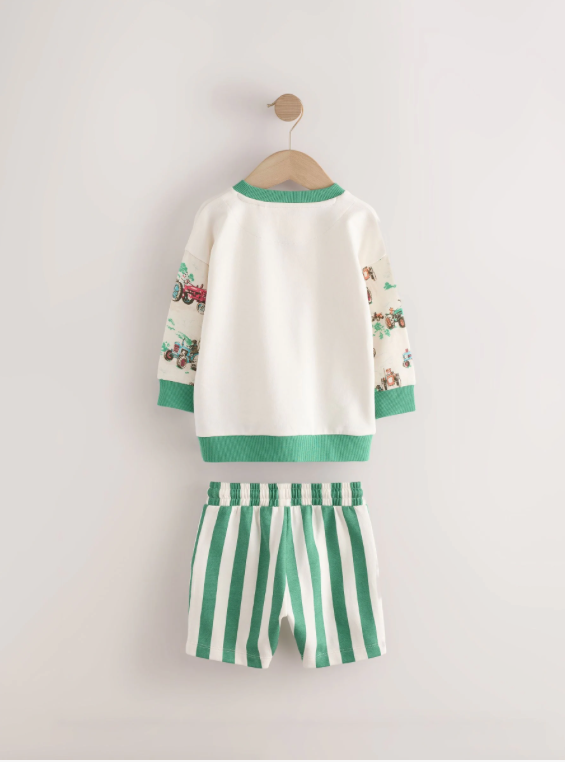 Green/White Cath Kidston Long Sleeve Sweatshirt & Stripe Shorts Set