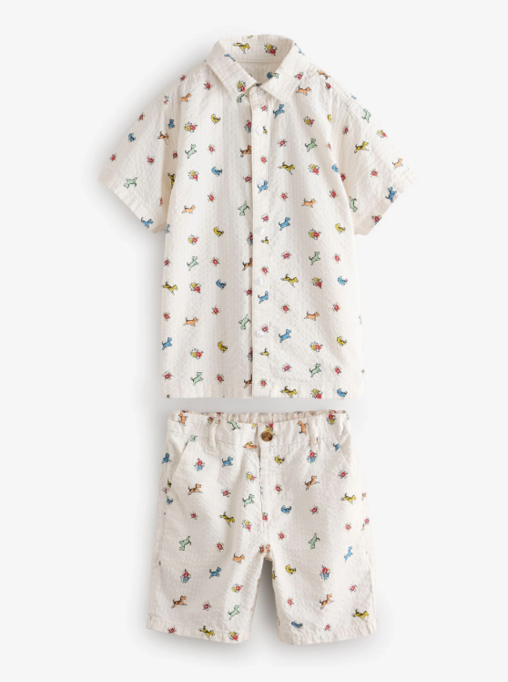 Cream Cath Kidston All Over Printed Dog Shirt & Shorts Set