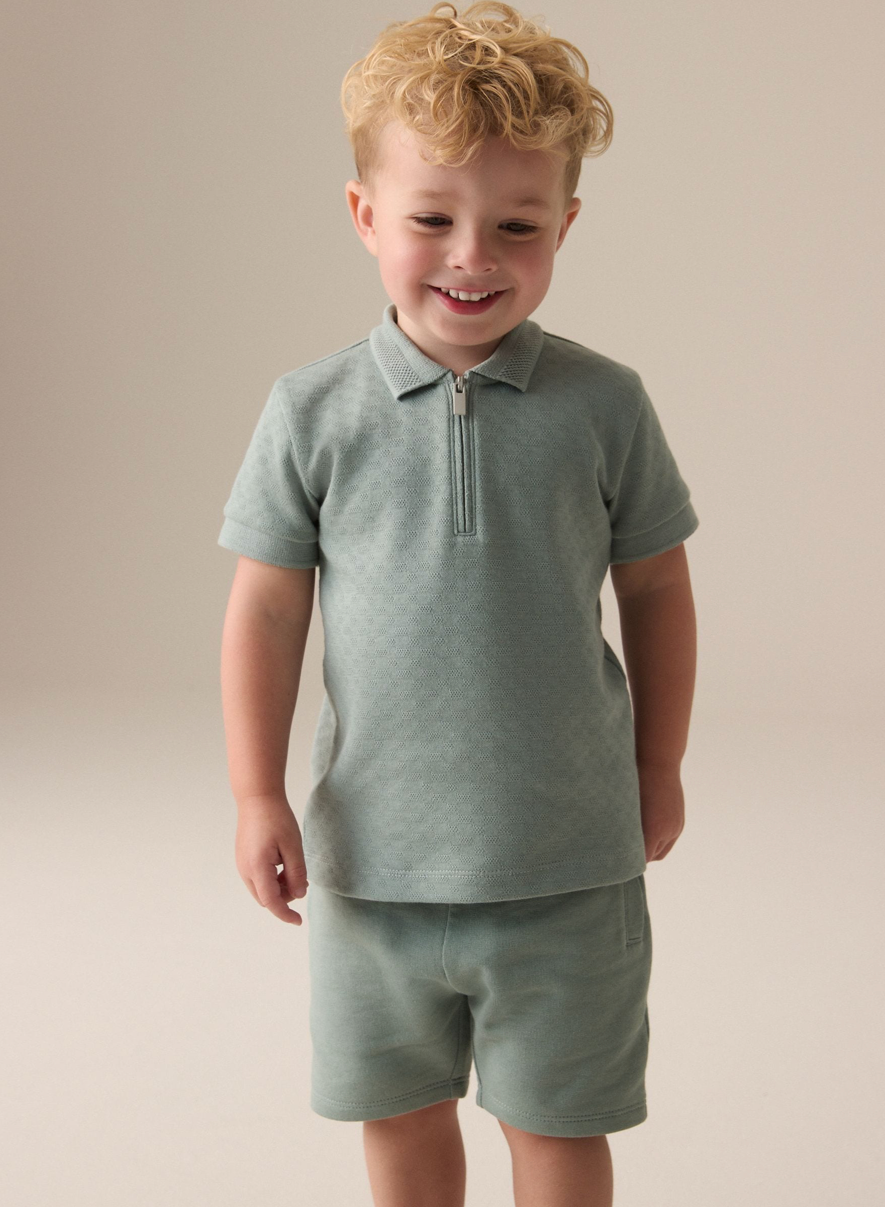 Textured Short Sleeve Zip Neck Polo Shirt And Shorts Set