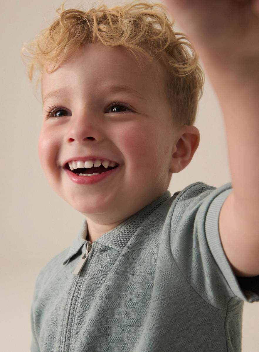 Textured Short Sleeve Zip Neck Polo Shirt And Shorts Set