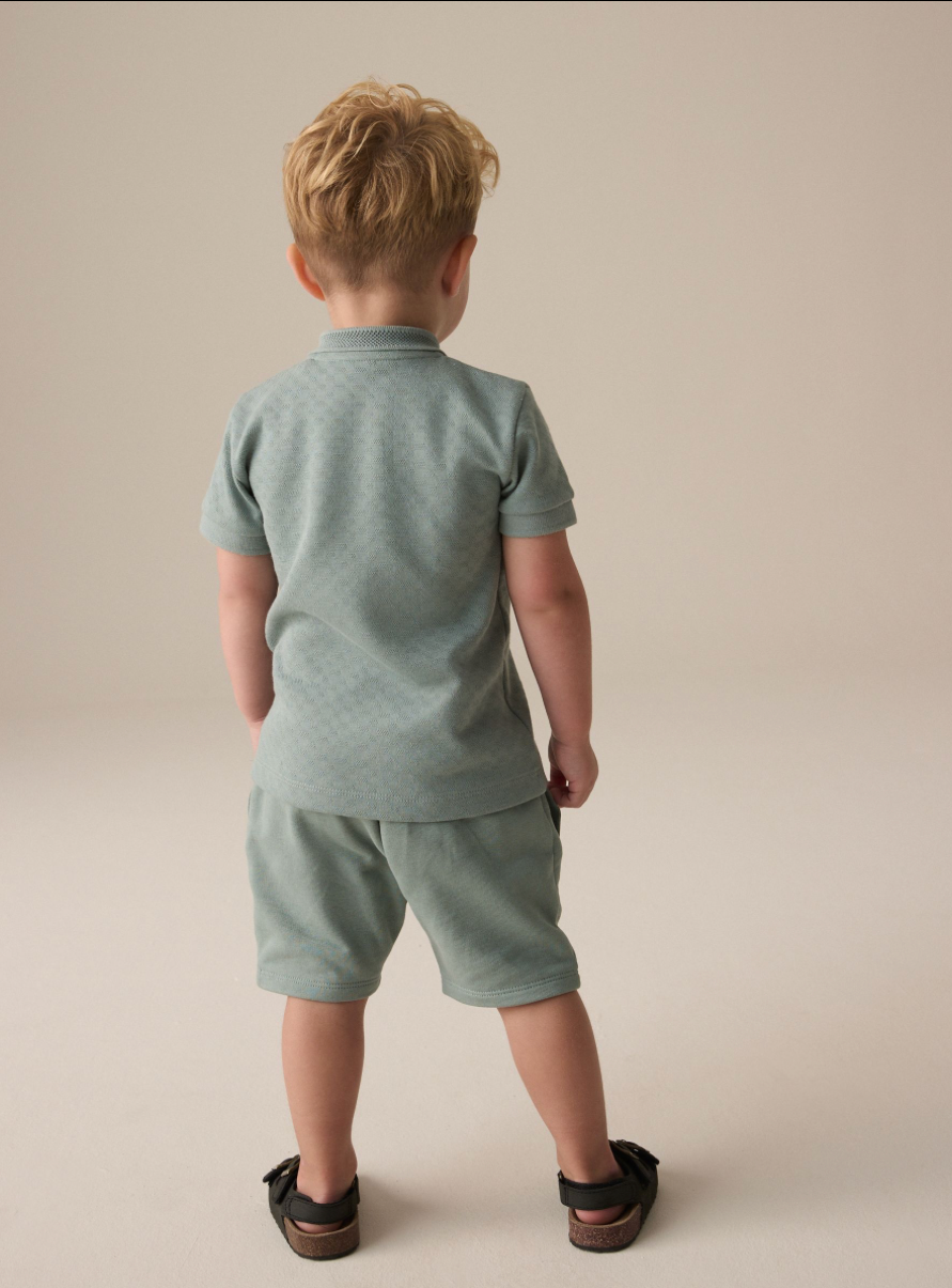 Textured Short Sleeve Zip Neck Polo Shirt And Shorts Set
