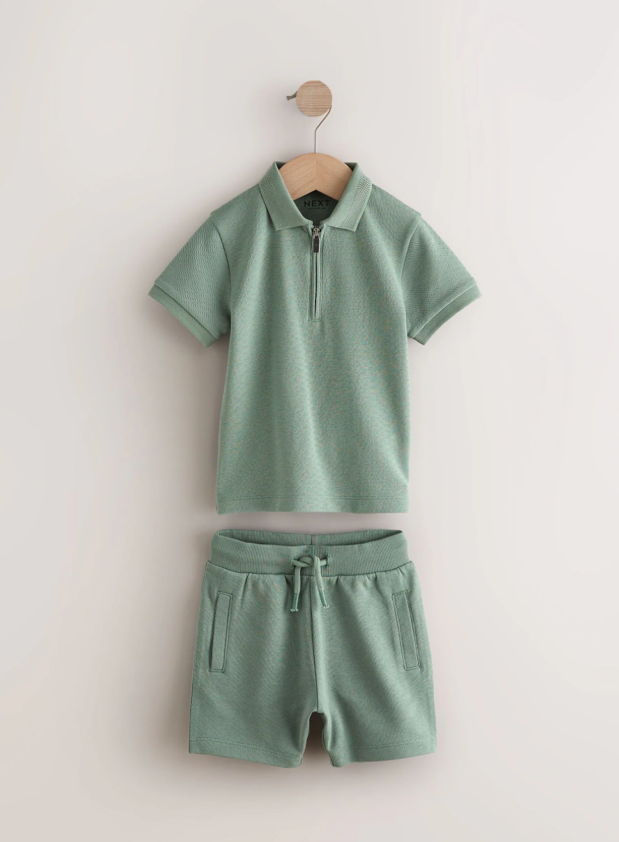 Textured Short Sleeve Zip Neck Polo Shirt And Shorts Set