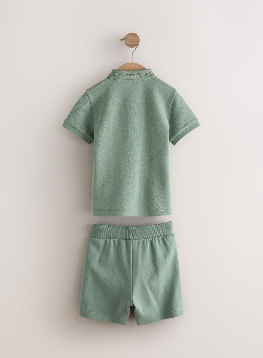 Textured Short Sleeve Zip Neck Polo Shirt And Shorts Set