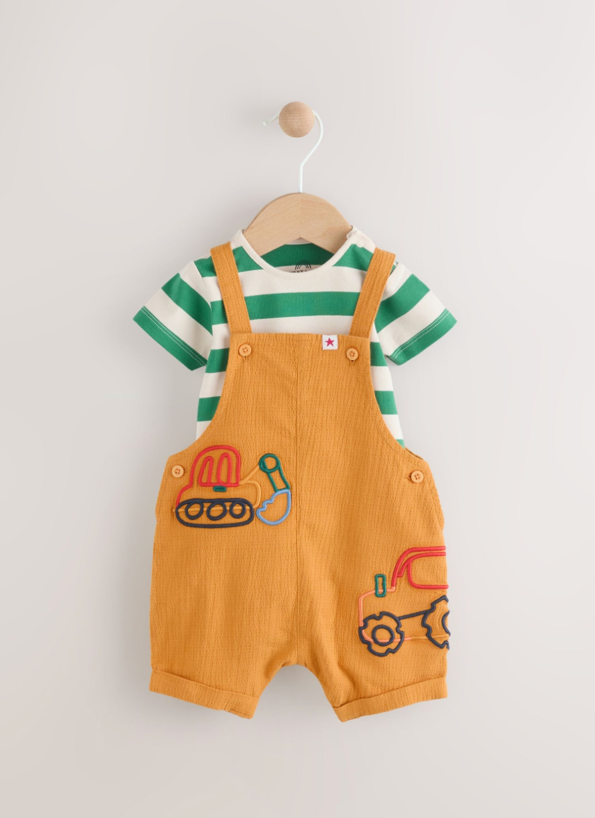 Bright Transport Baby Woven Dungaree and Bodysuit Set