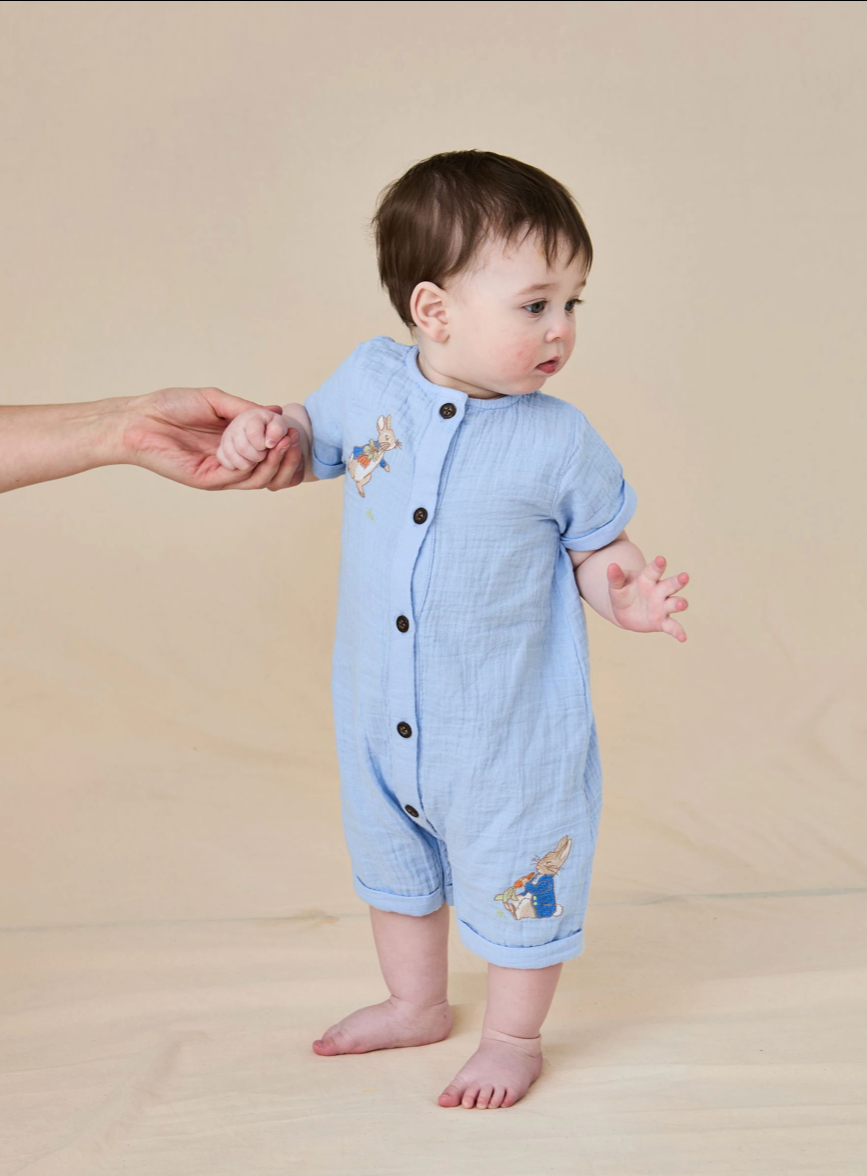 Blue Peter Rabbit™ Cheesecloth Button Front Cotton Romper