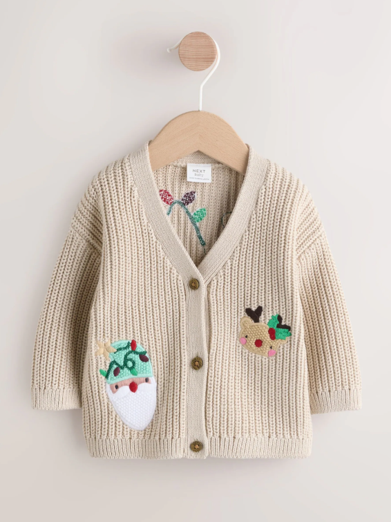 Natural Oh What Fun Christmas Baby Knitted Cardigan