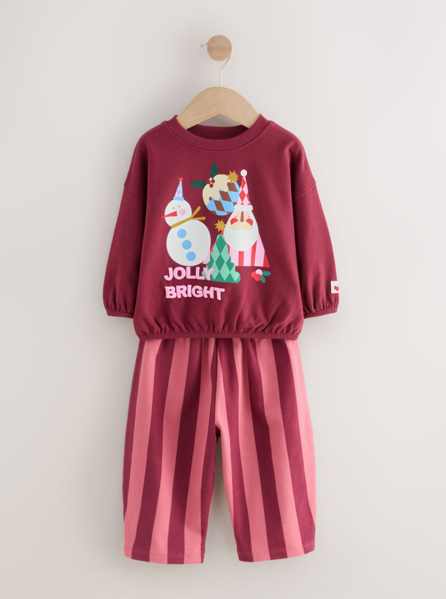 Burgundy Red Santa Long Sleeve Top and Barrel Trousers Set