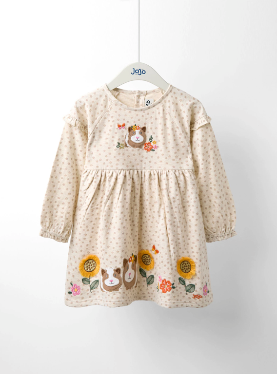 Natural Cream Guinea Pig Frill Sleeve Appliqué Dress