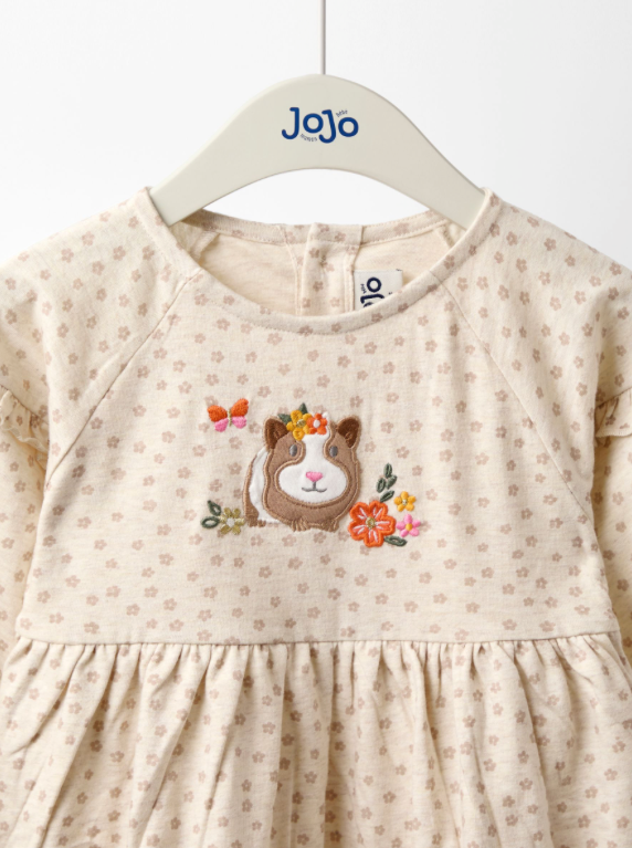 Natural Cream Guinea Pig Frill Sleeve Appliqué Dress