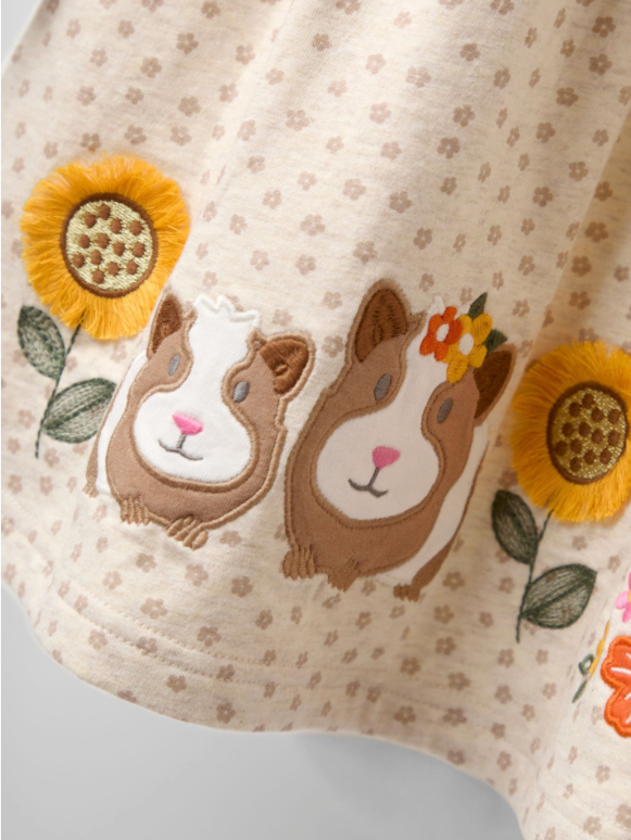 Natural Cream Guinea Pig Frill Sleeve Appliqué Dress