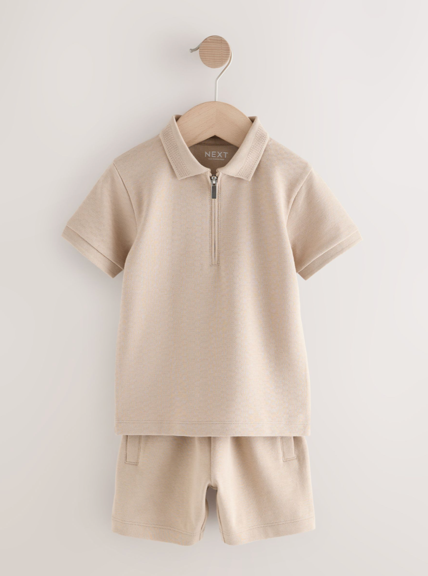 Textured Short Sleeve Zip Neck Polo Shirt And Shorts Set