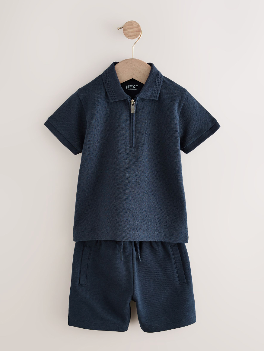 Textured Short Sleeve Zip Neck Polo Shirt And Shorts Set