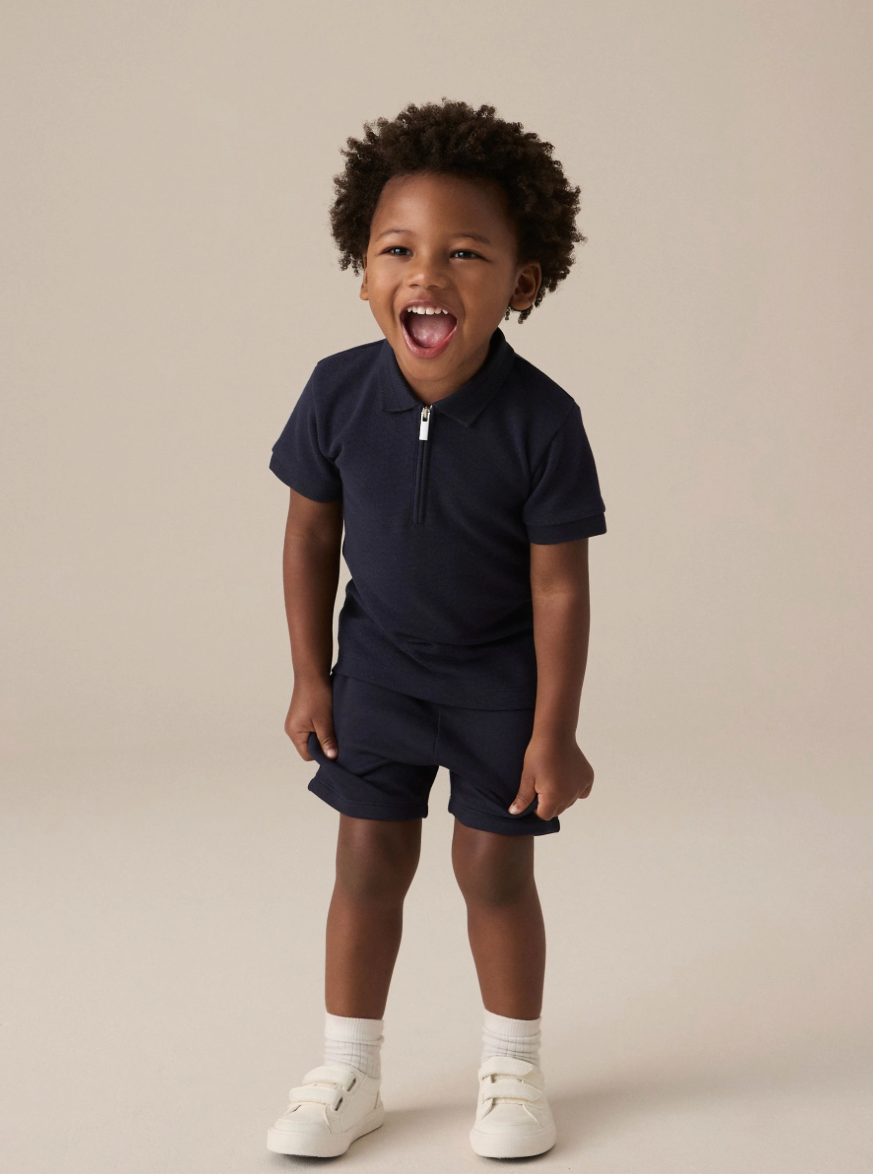 Textured Short Sleeve Zip Neck Polo Shirt And Shorts Set
